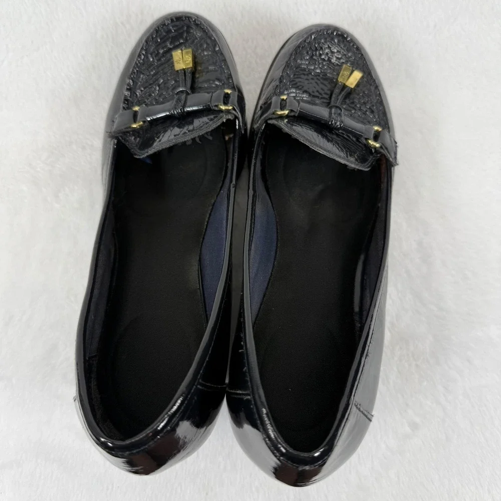 Lauren Ralph Lauren‎ Black Patent Leather Wedge Loafers with Gold Accents 8 READ